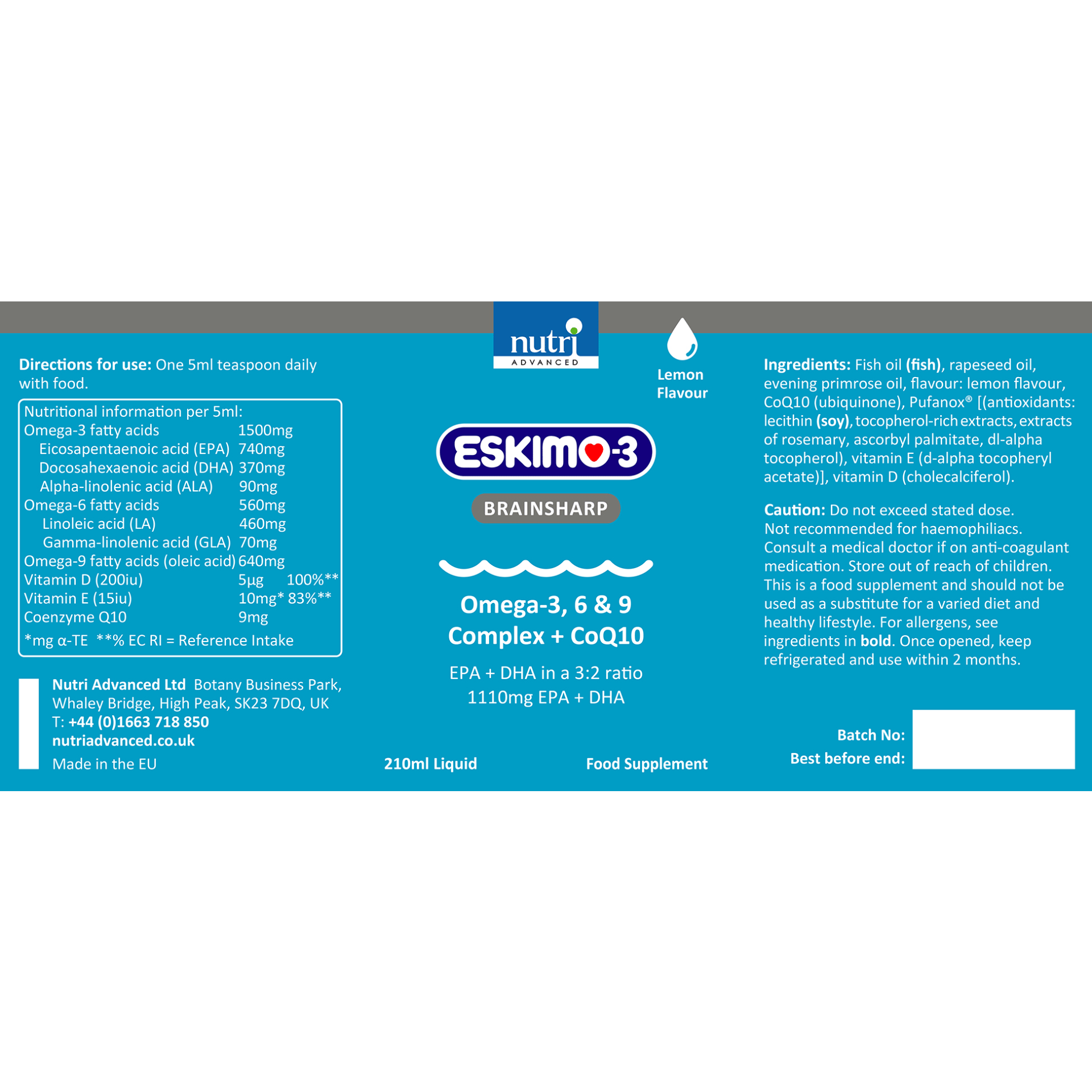 Eskimo®3 Brainsharp Liquid Pure Omega3 Fish Oil 210ml Nutri Advanced
